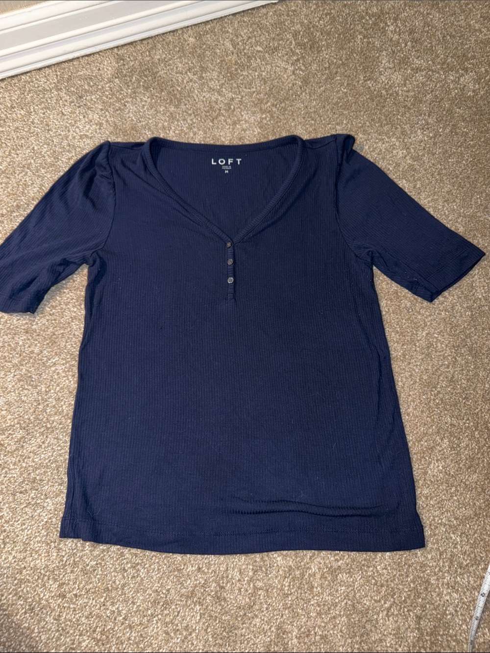 LOFT Navy Short Sleeve Henley Tee with Button Placket